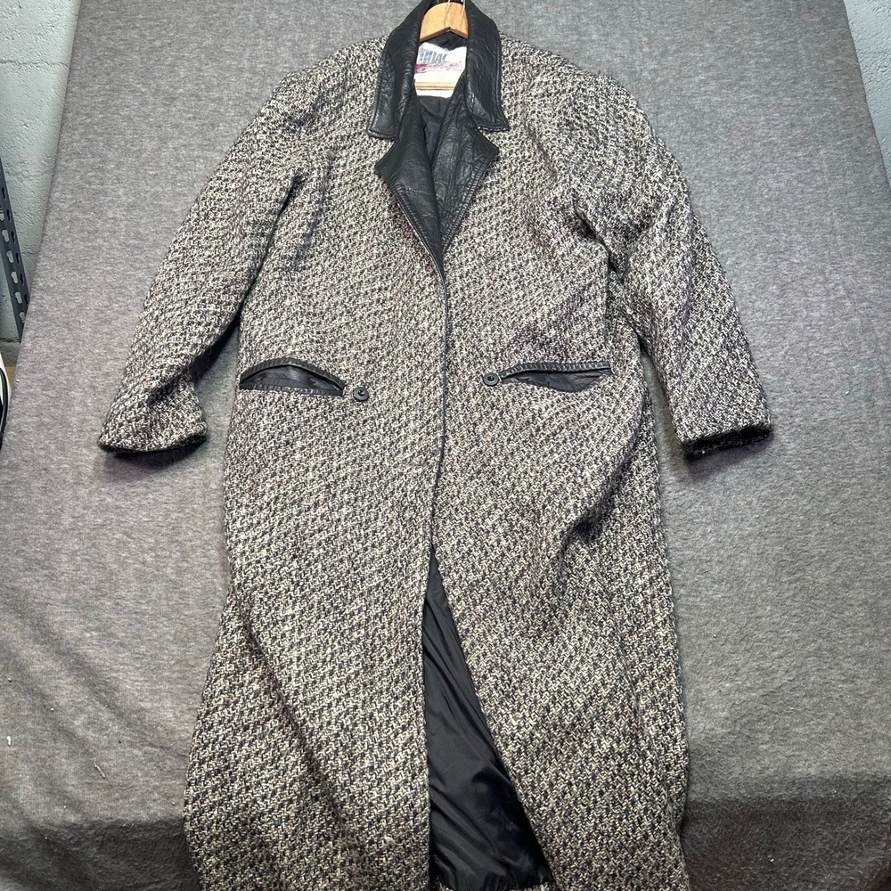Vintage Dual Control Trench Coat Women L Gray Tweed Leather Trim Long Jacket 70s
